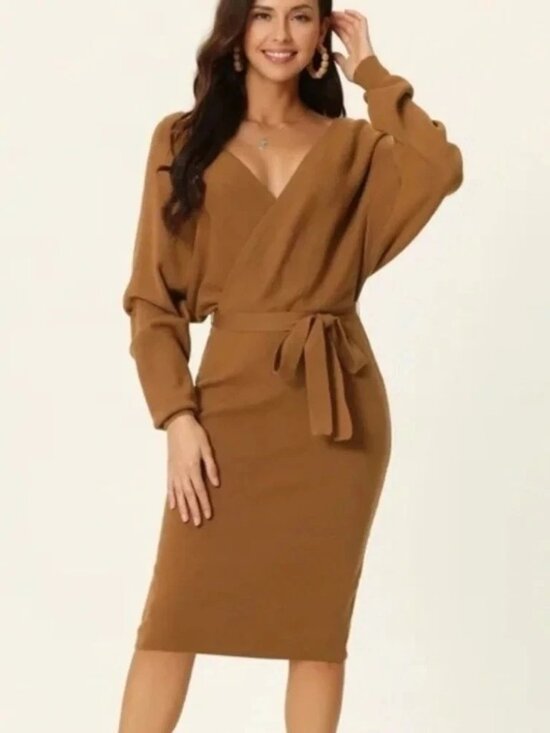 nicole miller Dresses & Skirts - Nicole Miller Long Sleeve Sweater Dress Brown Faux Wrap-Size L
